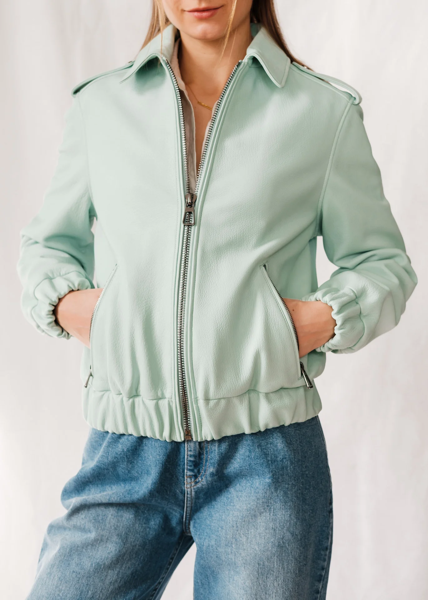 Bomber Lederjacke - Türkis