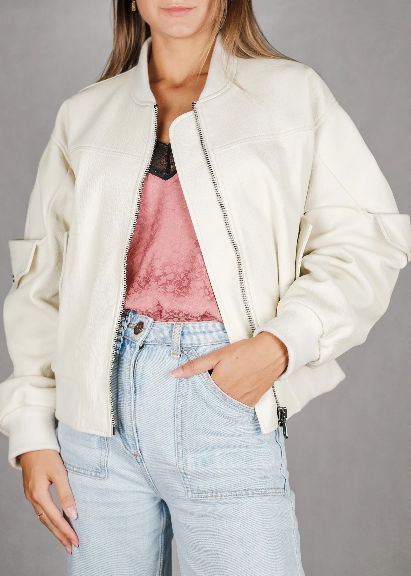 Bomber Lederjacke - Offwhite