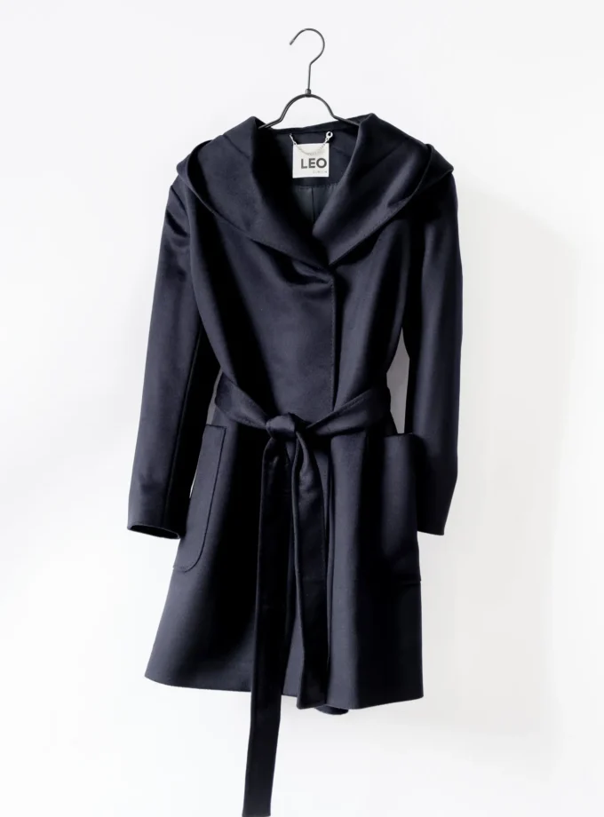 Wolljacke Lang mit Kapuze - Dunkelblau