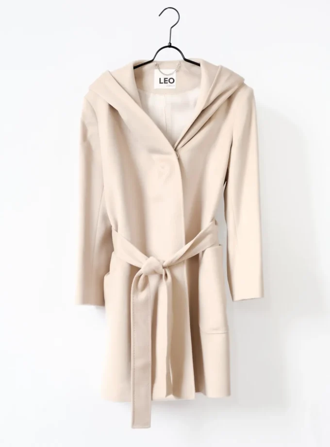 Wolljacke Lang mit Kapuze - Beige