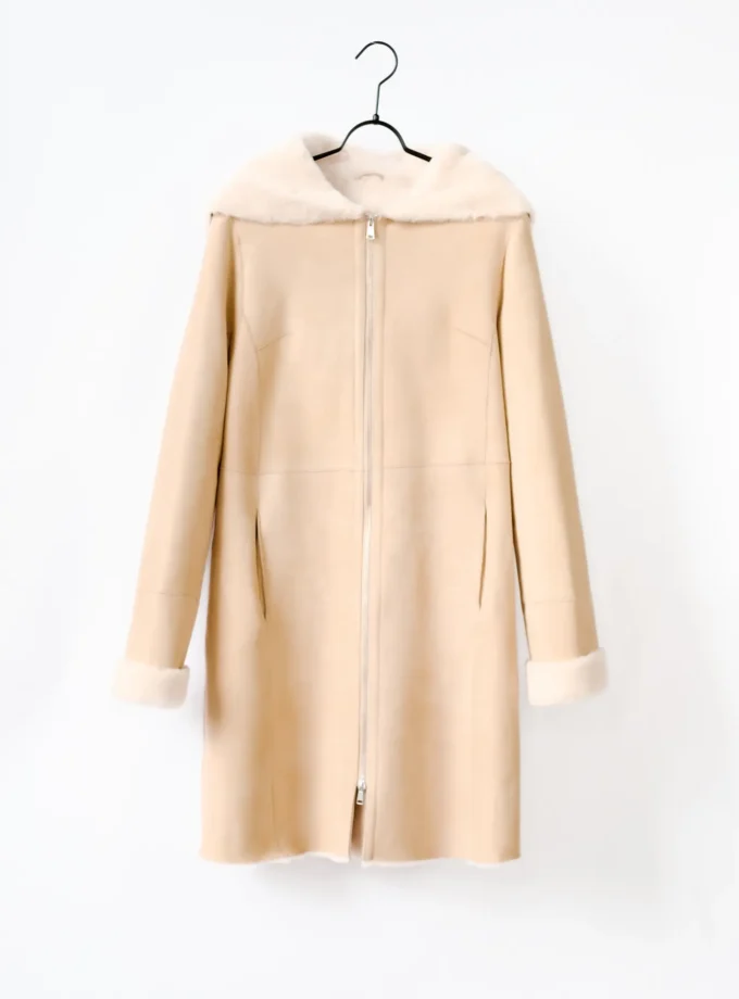Lammfellmantel mit Kapuze - Beige