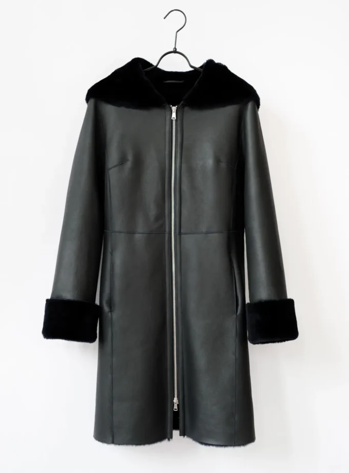 Lammfellmantel mit Kapuze - Navy