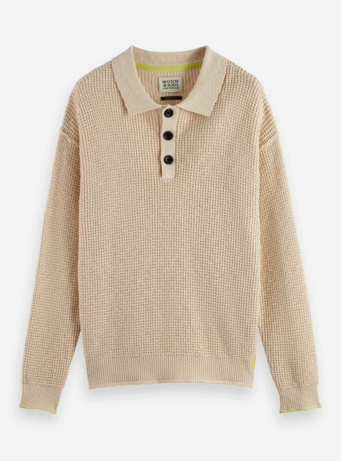 Waffle stitch dropped shoulder longsleeve polo