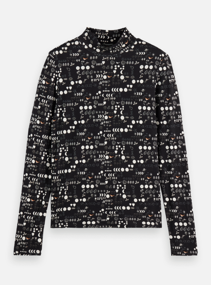 All over printed mock neck long sleeve T-shirt