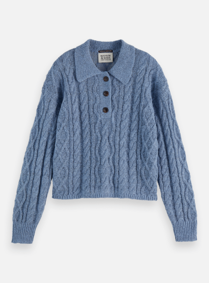 Cable stitch polo neck pullover